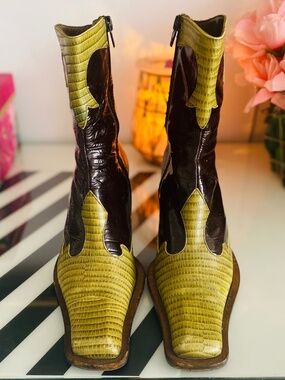 Juno Two Tone Brown & Olive Reptile Embossed Boots